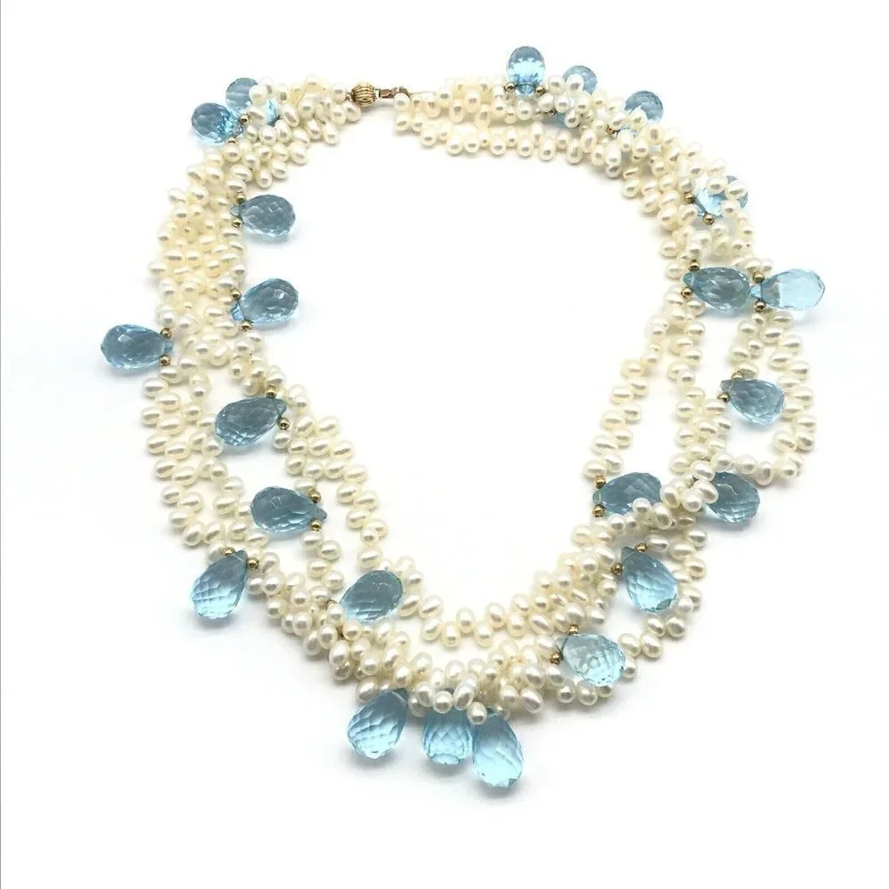 Genuine Multi-Strand Real Pearl Blue Faceted Crystal 14k Solid Gold Necklace